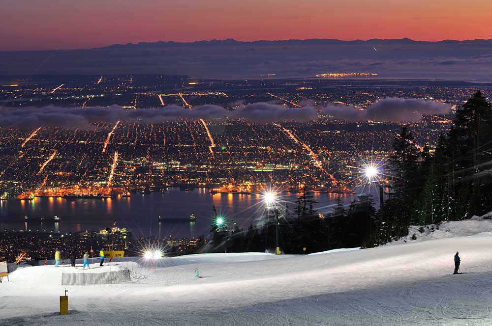 Bright illuminated LED lights at a ski resort