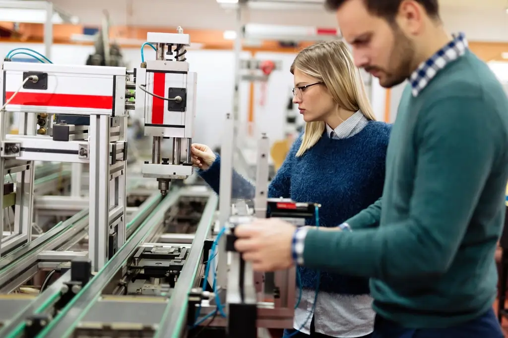 Two young engineers working on electronics components in workshop