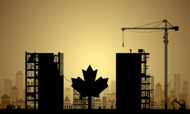 A wide shot of a maple leaf symbolizing Canada over an industrial landscape, in support of Canada during the tariff war with America.