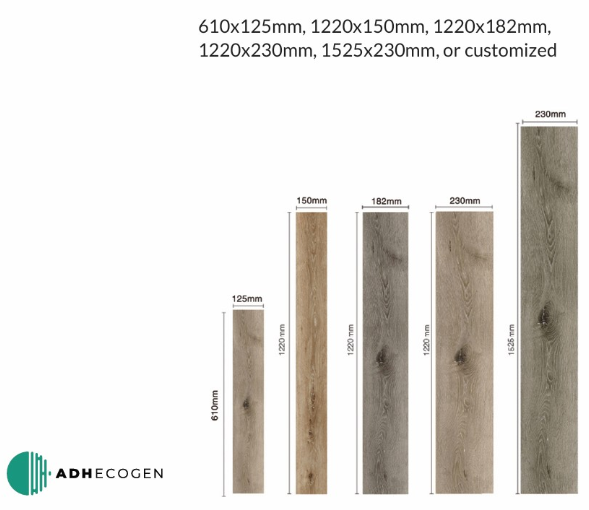 SPC flooring plank size chart showing options by ADHECOGEN.