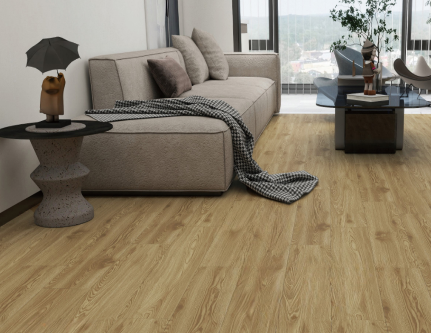 Modern living room with light oak wood-look vinyl flooring, neutral beige sectional sofa, and contemporary decor.
