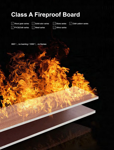 Class A fireproof board with wood grain, solid color, stone, cloth, PVC/cloth, and metal series, resisting burning at 800°C and flames at 1200°C. 